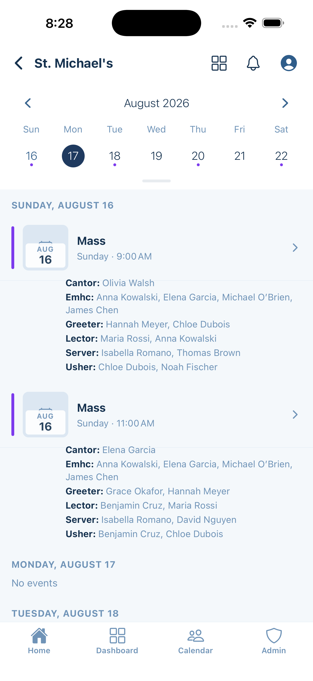 Unitas — Mass calendar